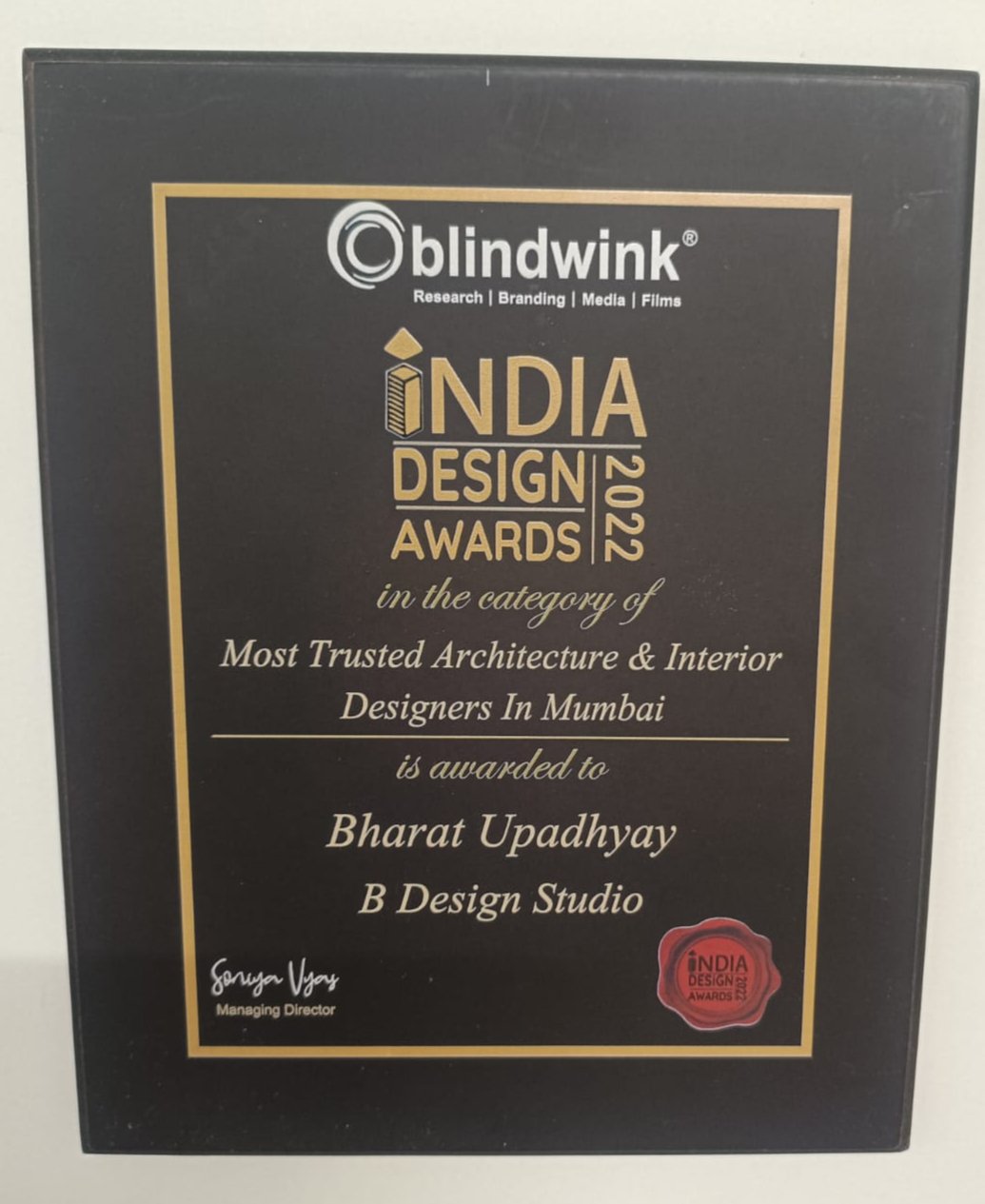 India Design Awards 2022 recognition plaque